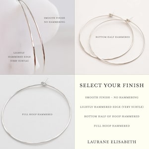 The image is a collage of four photos showcasing different types of hoop earrings. The first photo shows a hoop earring with a lightlyhammed edge, the second photo displays a hoop earring with a full hoop, the third photo features a hoop earring with a bottom half hammering finish, and the fourth photo shows a hoop earring with a smooth finish without hammering.