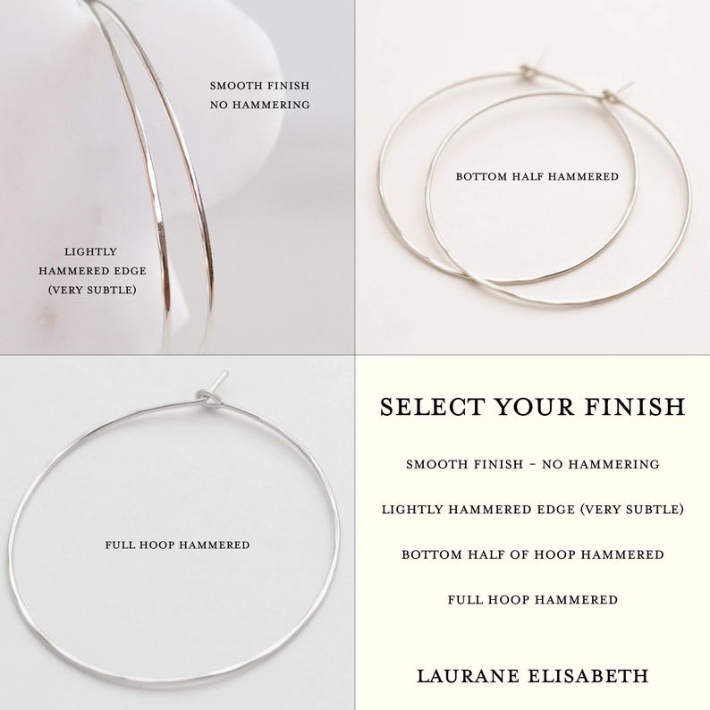 The image is a collage of four photos showcasing different types of hoop earrings. The first photo shows a hoop earring with a lightlyhammed edge, the second photo displays a hoop earring with a full hoop, the third photo features a hoop earring with a bottom half hammering finish, and the fourth photo shows a hoop earring with a smooth finish without hammering.