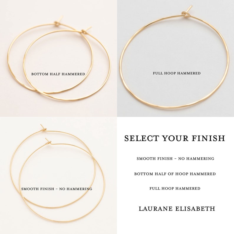 14k gold filled hoop earrings. examples of full hoop hammered, bottom half hammered and smooth finish. Threader hoop earrings. Laurane Elisabeth specializing in delicate, lightweight minimalist jewelry. Always nickel free.