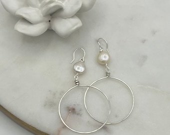 Dangle Drop Hoop Earrings • Pearl Hoop Earrings 14k Gold  Filled or Solid 925 Sterling Silver • Nickel Free