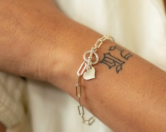 Personalized Silver Mini Heart Bracelet • 925 Sterling Silver • Bold Link Paper Clip Bracelet with Toggle Closure