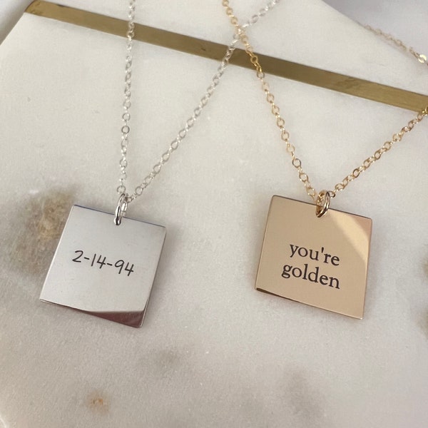 Engraved Quote Necklace • Personalized Necklace • 14K Gold Filled Necklace • 16mm Square Charm Necklace • Pendant with Quote