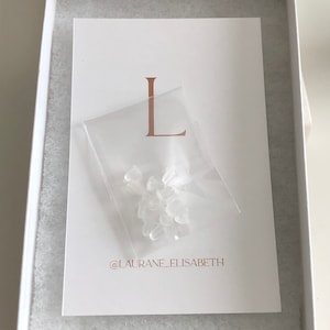 May include: A white card with the letter "L" printed in brown ink. The card also includes the text "@LAURANE_ELISABETH". A small clear plastic bag containing white crystals is on top of the card.