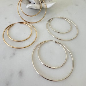 May include: Two pairs of hoop earrings, one pair is gold and the other is silver. Both pairs are double hoop earrings.