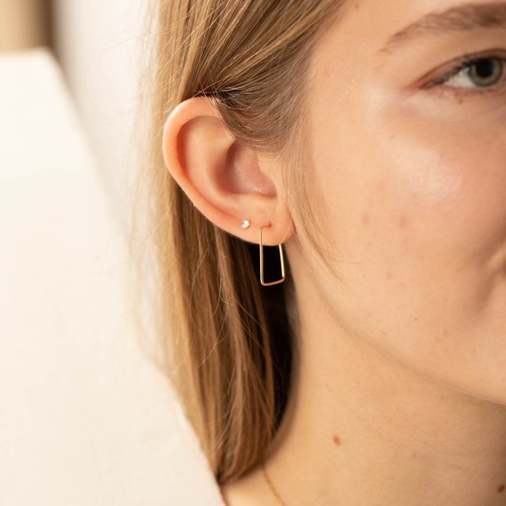 Handmade Rectangle Thin Hoop Earrings 14k Gold-plated Sterling Silver Handmade Rectangle Thin Hoop Earrings 14k Gold-plated Sterling Silver