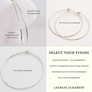 The image is a collage of four photos showcasing different types of hoop earrings. The first photo shows a hoop earring with a lightlyhammed edge, the second photo displays a hoop earring with a full hoop, the third photo features a hoop earring with a bottom half hammering finish, and the fourth photo shows a hoop earring with a smooth finish without hammering.