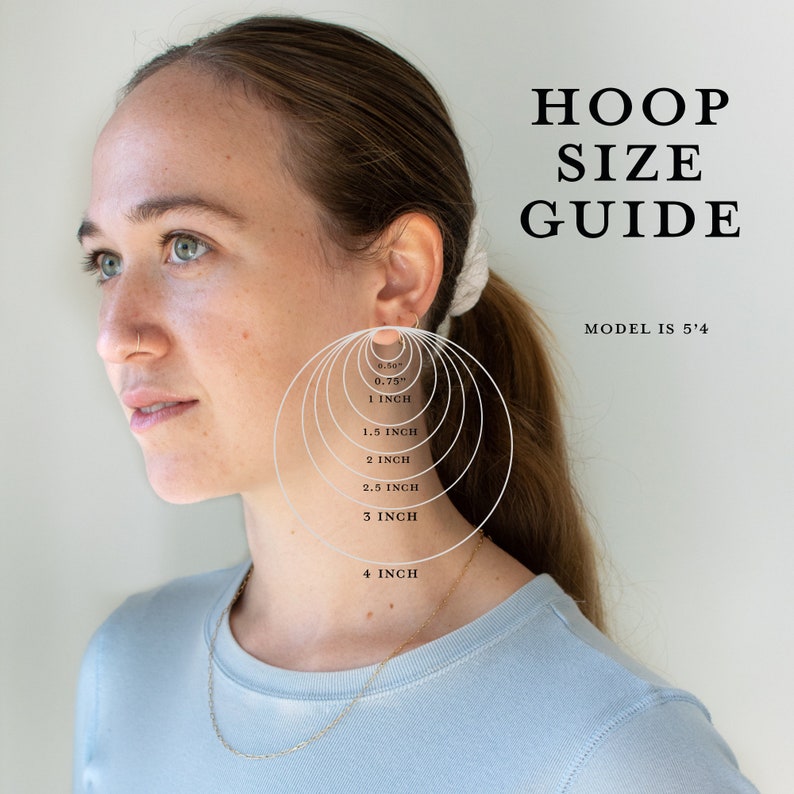 info graphic showing hoop earrings sizes on a model. Laurane Elisabeth specializing in delicate, lightweight minimalist jewelry. Always nickel free.