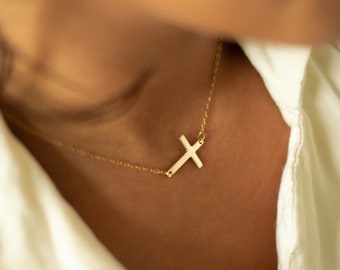 Gold Sideways Cross •  14k Gold Filled • Modern Cross Necklace