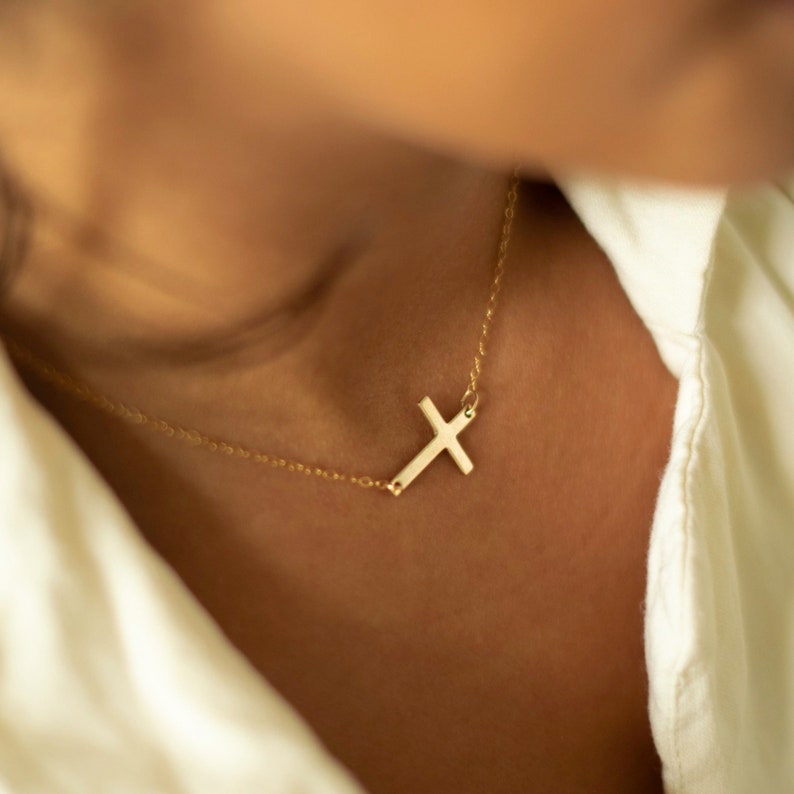 Gold Sideways Cross 14k Gold Filled Modern Cross Necklace image 1