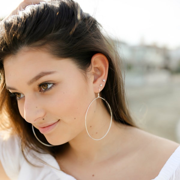 Small to Extra Large Dangle Drop Hoop Earrings • Front Facing Hoop Earrings •  14k Gold  Filled or Solid 925 Sterling Silver • Nickel Free