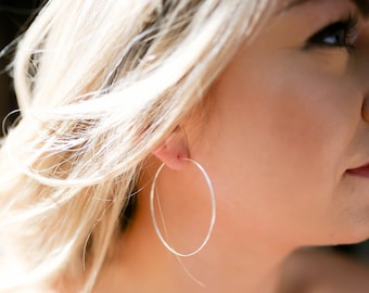 Large 925 Sterling Silver Hoop Earrings • 2 Inch Thin Hoop Earrings • Sterling Silver Hoop Earrings • Hammered or Smooth Finish Hoops