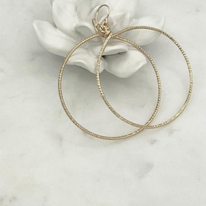 May include: A pair of gold hoop earrings featuring a textured, shimmering surface. The circular earrings are crafted from thin wire and include a simple hook closure at the top, designed for standard ear piercings with a lightweight, open structure.
