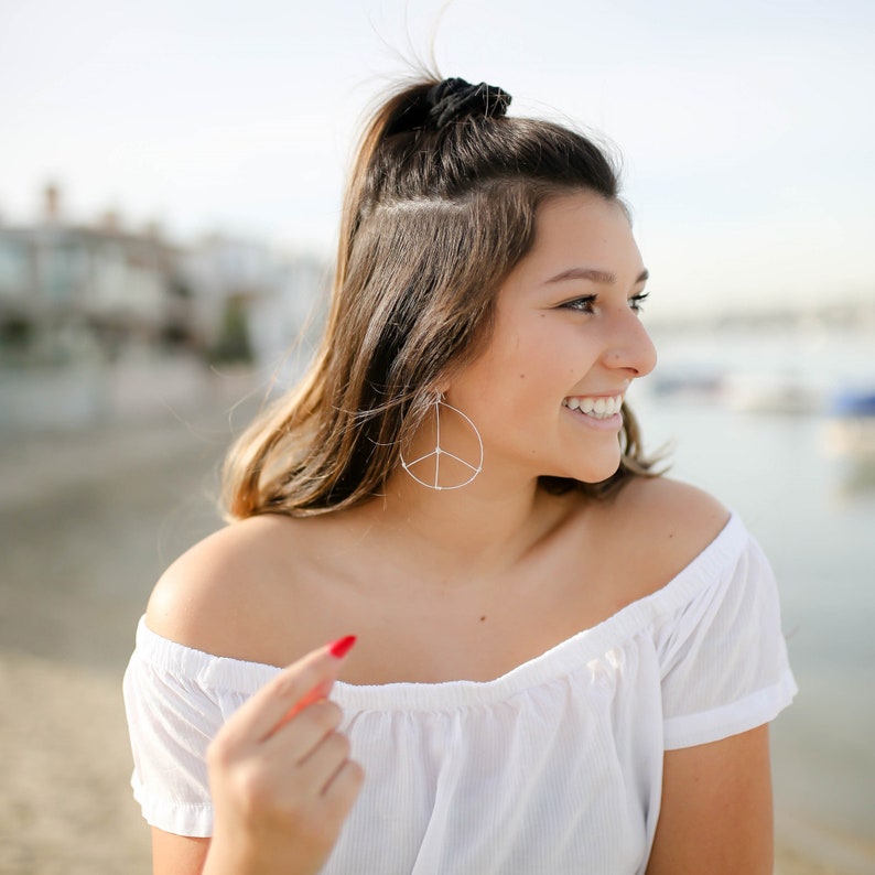 Peace Sign Earrings Handmade Gold Hoop Earrings or 925 Sterling Silver Hoops Peace Symbol Nickel Free Earrings Boho Earrings image 1