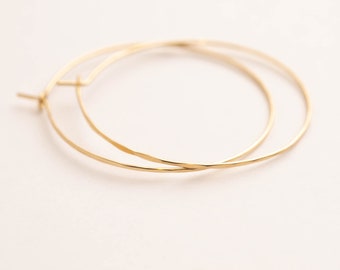 Large Gold Hoop Earrings • Thin Gold Hoop Earrings • 14K Gold Filled Threader Hoop Earrings • Hammered or Smooth Finish Hoops