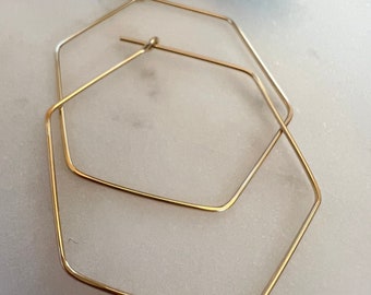 14K Gold Filled or Sterling Silver Thin Lightweight Hexagon Hoops