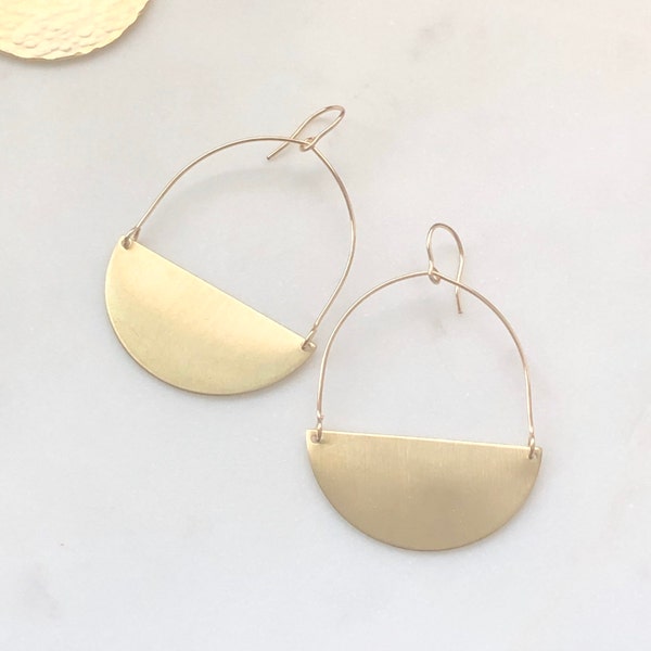 Half Moon Earrings • Gold Color Hoop Earrings With Moon Charm • Handmade Minimalist Jewelry Gift For Her