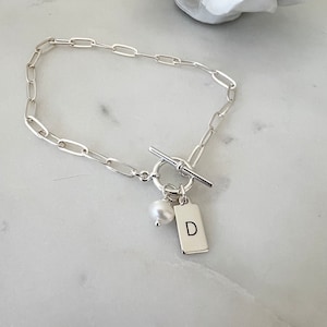 Personalized Sterling Silver Mini Tag and Pearl Bracelet - Bold Link Paperclip Bracelet with Toggle Closure