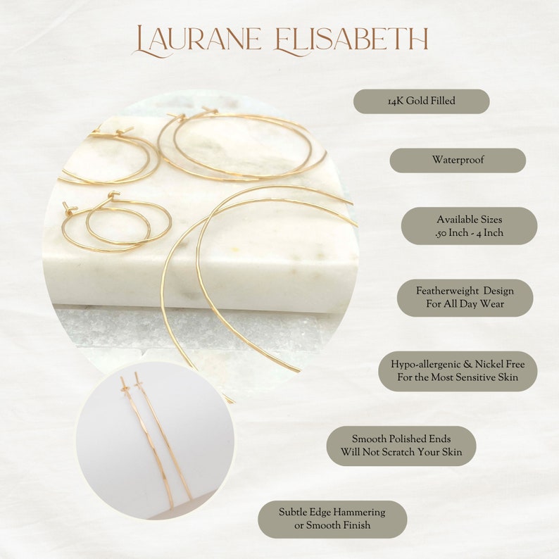inforgraphic highlighting the features of 14k gold filled hoop earrings in a variety of sizes. round thin hoop earrings. Laurane Elisabeth specializing in delicate, lightweight handmade, minimalist earring designs available in 14k gold filled, 14k rose gold filled and 925 sterling silver. nickel free threader earrings.