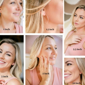 6 models wearing 14k gold filled hoop earrings. featuring .50 inch, 1 inch, 1.50 inch, 2 inch, 2.50 inch, and 3 inch sizes. round threader hoop earrings.  Laurane Elisabeth specializing in delicate, lightweight minimalist jewelry. Always nickel free.