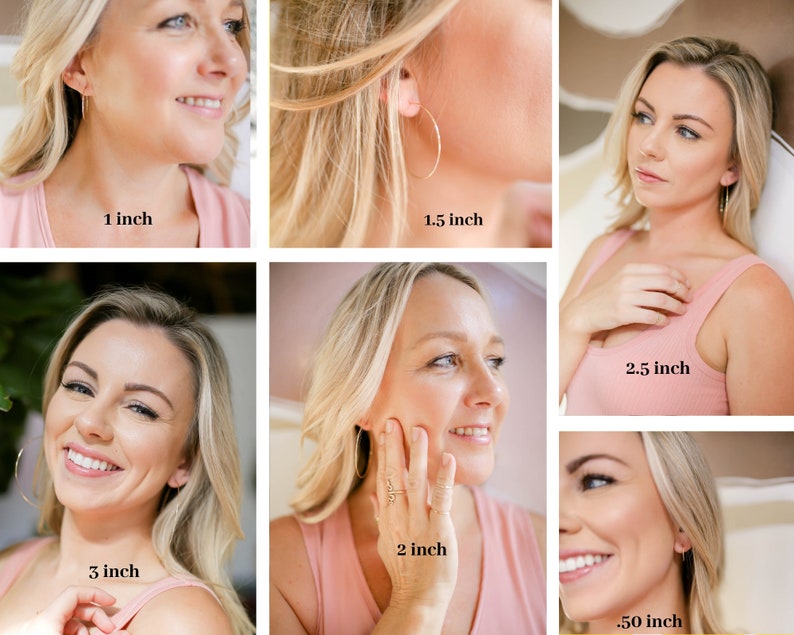 a collage of 6 models wearing 14k gold filled hoop earrings. featuring .50 inch, 1 inch, 1.50 inch, 2 inch, 2.50 inch, and 3 inch thin hoop earrings.  Laurane Elisabeth specializing in delicate, lightweight handmade, minimalist earring designs available in 14k gold filled, 14k rose gold filled and 925 sterling silver. nickel free threader earrings.