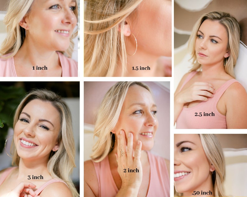 6 models wearing 14k gold filled hoop earrings. featuring .50 inch, 1 inch, 1.50 inch, 2 inch, 2.50 inch, and 3 inch sizes. round threader hoop earrings.  Laurane Elisabeth specializing in delicate, lightweight minimalist jewelry. Always nickel free.