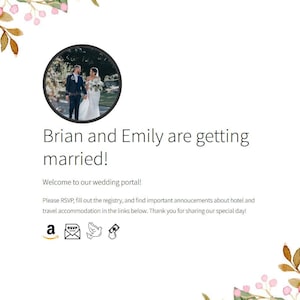 Könnte beinhalten: Eine Hochzeitsanzeige mit einem floralen Rahmen und einem Foto des Paares. Der Text lautet "Brian und Emily heiraten!" und enthält Informationen zu RSVP, Hochzeitsliste und Hotel- und Reiseunterkünften.