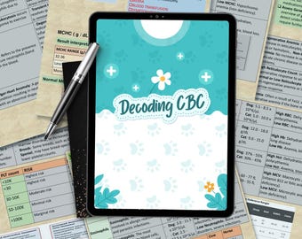 Puede incluir: Una tableta que muestra una portada digital en color verde azulado y blanco titulada Decoding CBC con un gráfico de flores y un patrón de huellas, acompañada de un bolígrafo plateado, sobre una colección de tablas de referencia veterinaria.