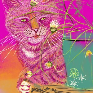 Pink Panther Mood – Digitale Postkarte mit Katze und Blumen, Zwischen Gräsern und Geheimnissen – Digitale Kunstkarte mit pinker Katze