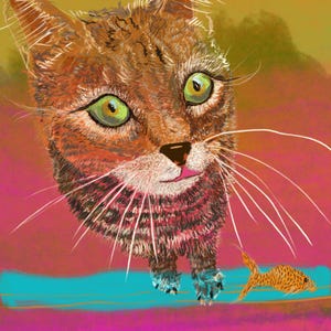 Yummy, carta postale digitale con gatti niedlicher e pesci rossi