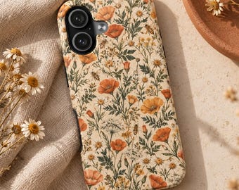 May include: A rectangular smartphone case featuring a cream-colored background with a botanical print of orange poppies, small white daisies, green foliage, and tiny bees scattered across the entire surface of the protective cover.
