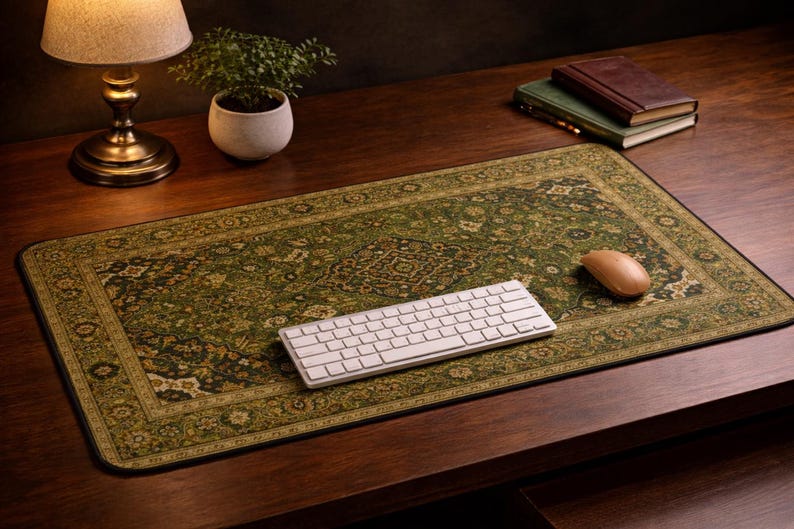 Green Persian Inspired Rug Desk Mat, Vintage Style Extended Mouse Pad ...