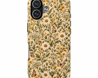 May include: A phone case featuring a cream-colored background with a dense botanical pattern of white daisies, small yellow wildflowers, green foliage, and brown butterflies. The case has a dual-lens camera cutout in the upper left corner.