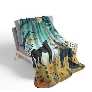 Wolf Sherpa Blanket, Wolves Howling at the Moon Blanket, Folk Art Wolf Throw, Cottagecore Woodland Blanket, Nature Lover Gift