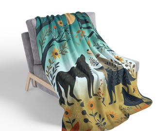 Wolf Sherpa Blanket, Wolves Howling at the Moon Blanket, Folk Art Wolf Throw, Cottagecore Woodland Blanket, Nature Lover Gift