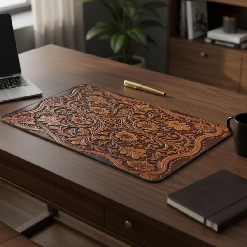 Western Design Desk Mat, Faux Leather Office Blotter - Etsy