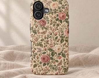 May include: A rectangular smartphone case featuring a cream-colored background with a dense botanical pattern of pink and white roses, green leaves, small purple flowers, and delicate butterflies. The case has a black dual-lens camera cutout.