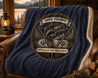 Charcoal Fishing Badge Personalized Fishing Lure Fleece Blanket | Custom Name Gift for Dad Fisherman Retirement