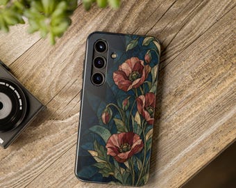 May include: A rectangular smartphone case featuring a stained glass-inspired design with deep blue and green geometric segments. The surface is decorated with detailed illustrations of red poppy flowers and green leaves.