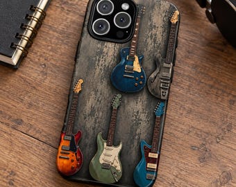 May include: A smartphone case featuring a dark, weathered wood-grain background printed with five electric guitars in various colors, including blue, sunburst, green, and grey, arranged around the camera lens cutout.