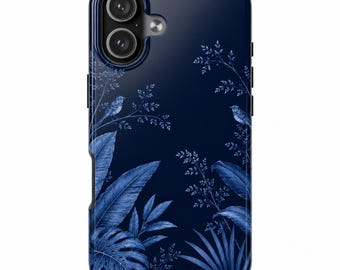 May include: A dark navy blue smartphone case featuring a monochromatic botanical print. The design includes detailed illustrations of tropical leaves, ferns, and two small birds perched on thin branches, all rendered in shades of blue.