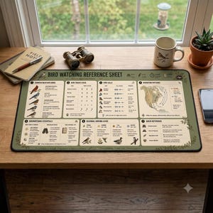 May include: A rectangular desk mat featuring a bird watching reference sheet with sections for common backyard birds, tracks, calls, migration patterns, and seasonal guides. The mat is light green with black text and illustrations of birds.