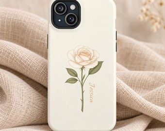 May include: A cream-colored smartphone case featuring a central illustration of a pale pink rose with green leaves and stem. The name Jessica is printed in a gold script font vertically along the stem of the flower on the phone case.
