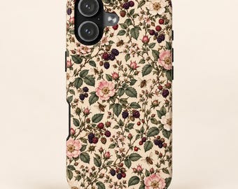 May include: A rectangular phone case featuring a cream-colored background with a dense botanical pattern of pink wild roses, dark purple blackberries, green leaves, and small honeybees scattered throughout the design.