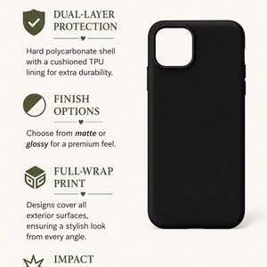 May include: Black phone case with a cutout for the camera. The image highlights product features: dual-layer protection, finish options (matte or glossy), full-wrap print, and impact resistance.