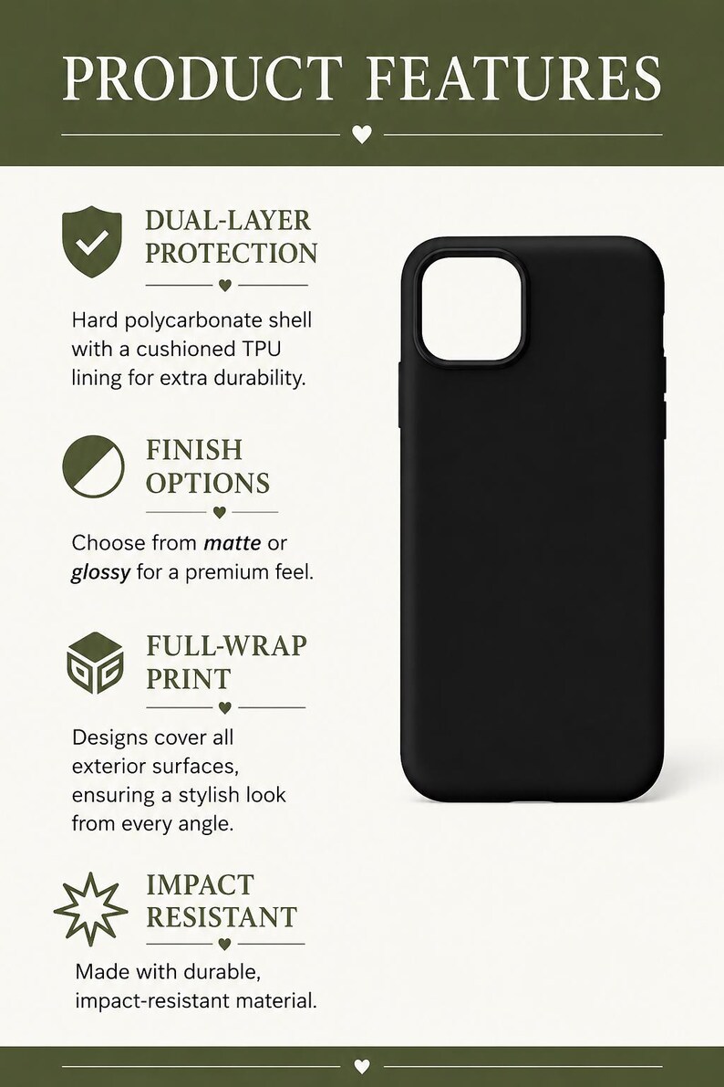 May include: Black phone case with a cutout for the camera. The image highlights product features: dual-layer protection, finish options (matte or glossy), full-wrap print, and impact resistance.