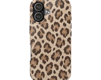May include: A rectangular smartphone case featuring a tan background with a repeating dark brown leopard print pattern. The case includes a cutout in the upper left corner for a dual camera system and a small circular flash component.