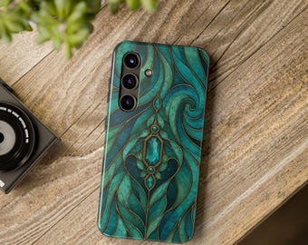 May include: A smartphone case featuring a teal and dark green swirling pattern with gold-colored lines and a central faceted gemstone graphic. The case has a vertical camera cutout on the upper left side with three circular lenses visible.