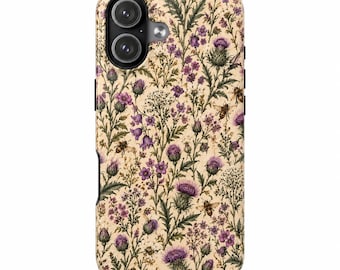 May include: A rectangular phone case with a cream-colored background featuring a botanical pattern of purple thistle flowers, small wildflowers, and honeybees. The design includes green stems and leaves scattered across the surface.