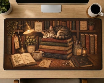 Puede incluir: Una alfombrilla de escritorio rectangular con una acogedora escena de biblioteca que muestra a un gato atigrado durmiendo sobre una pila de libros antiguos. La ilustración incluye una lámpara de escritorio encendida, un libro abierto y estanterías.