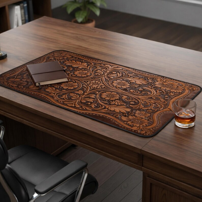 Western Design Desk Mat, Faux Leather Office Blotter - Etsy